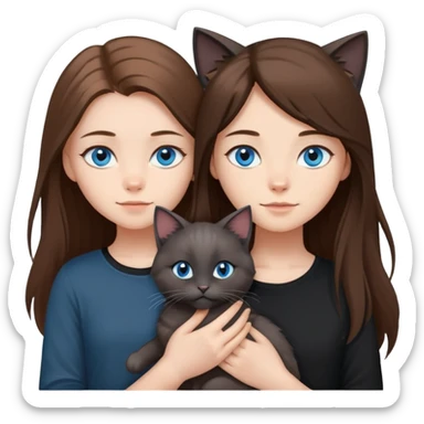 Girl with blue eyes and long brown hair and black shirt, holding a medium fluffy grey cat with folded ears sticker