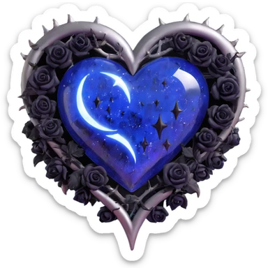 gothic heart made of midnight blue glass with silver crescent moon, tiny black roses, shimmering stardust, lightning bolt effect, rain-soaked look, cracked glass texture sticker