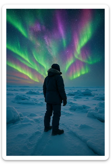 A person bundled up in winter clothes, standing on snowy Arctic ice with northern lights in the sky, vibrant colors, sense of adventure sticker