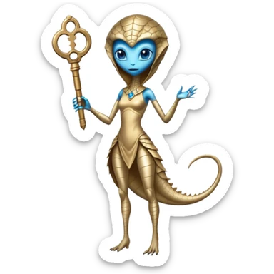 a reptilian alien woman full body, in gold dress, hold big key, blue eyes sticker