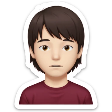 A boy with bangs covering his eyes, long hair sticking out at the back, and long sideburns. He has brown eyes and dark brown hair. He is wearing a maroon t-shirt and has an elongated jaw. He has two moles on the right side of his face, one below the eye and one on the cheek. sticker