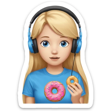 una ragazza dall‘ età di 19 anni con capelli biondi miele lunghi ,  occhi celesti,  con addosso una maglietta con una ciambella e le cuffie ascoltando violetta sticker