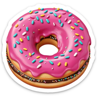 cartoon style round donut with a bite taken out, pink icing, sprinkles, playful look sticker