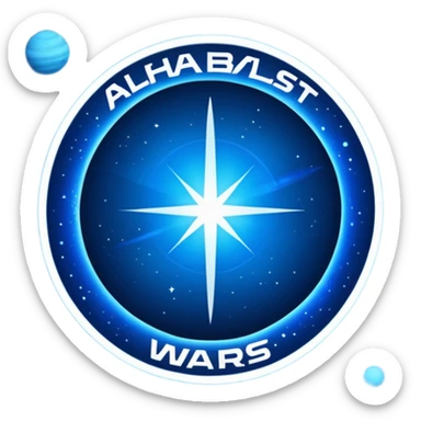 The image is a sci-fi poster with glowing blue text that reads “ALPHA ORIONIS WARS.” A bright blue planet or star glows at the bottom, and the word “STARBLAST” appears below. The design has a futuristic, space-themed look. sticker