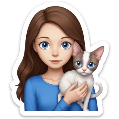 beautiful skinny girl with long brown hair and blue eyes in dark long sleeve is holding a devon rex white cat with blue eyes. the colors of cat’s and girl’s eyes are the same.  sticker