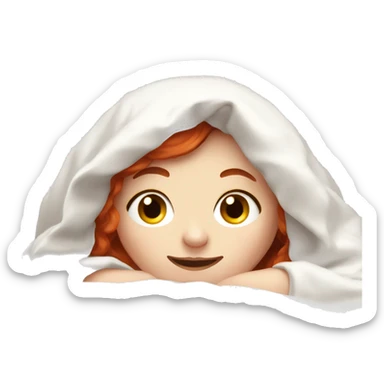 Pale Girl with red hair laying down cozy in a white blanket sticker