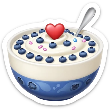 White yoghurt in a bowl with blueberries and hearts sticker