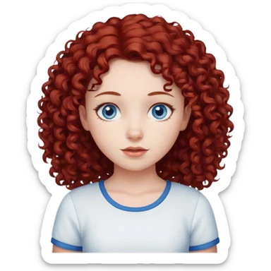 generate a young girl with dark red curly hair, blue eyes. in white top  sticker