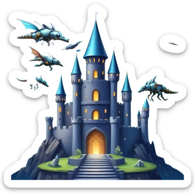 Icon for Fantasy and Sci-Fi Movies: A magical collage with flying dragons. futuristic spaceships and UFOs. Stars and planets shimmer in the background with a mystical castle Hogvards an ancient wizard and robots. The atmosphere is epic, otherworldly and adventurous. Transparent background. sticker