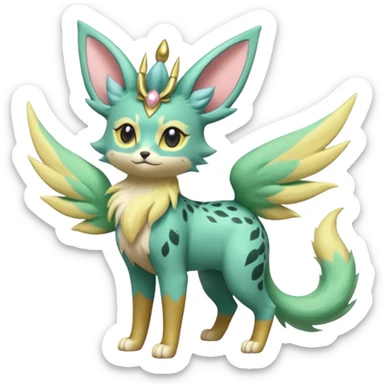 Epic complex detailed pastel minty green, pastel beige yellow pastel realistic aesthetic-scenic-Fakémon-Zorua-Litten-Leafeon-Sylveon-Trico-Sergal-Serval-Vernid-creature (full body) with far wings, shiny sparkly fairycore theme  sticker