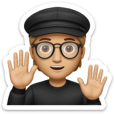 el Memoji es un personaje masculino con cabello castaño, gafas y una gorra blanca. Tiene la mano levantada como si estuviera diciendo "stop" o "espera". sticker