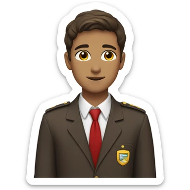 it's a very calm guy, 17-18 years old, has brown short hair and brown-blackish eyes, in a school uniform which is brown and has a red tie.  sticker