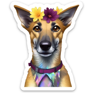  brindle brown black maroon gold lurcher Alsatian fox running blue eyes and iridescent holographic oilslick harness wearing paper iridescent tropical flower crown yellow caution tape sticker