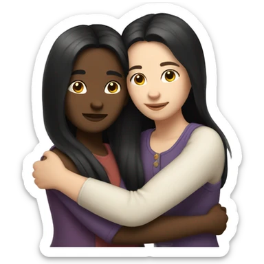 A lesbian couple who both have white skin and long black hair are hugging intimately. sticker
