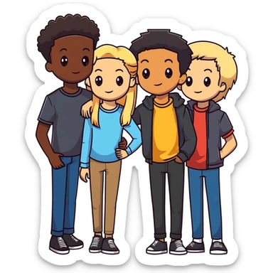Group of diverse friends standing together, including a dark-skinned boy with straight hair, a light-skinned boy with straight blonde hair, a light-skinned girl with straight black hair, a mixed-race girl with straight brown hair, a light-skinned boy with wavy black hair, a mixed-race girl with dark curly hair, and in the center a light-skinned girl with wavy brown hair sticker
