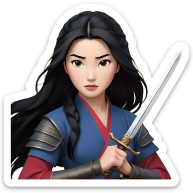 Cinematic Realistic Mulan Portrait, depicted with lifelike skin texture, soft natural lighting, and intricately detailed long black hair styled elegantly. Her deep, expressive eyes exude determination and grace, complemented by a serene yet confident expression. She stands with one hand resting on the hilt of her sword, the other by her side, exuding strength and poise. She is dressed in her classic attire, with rich fabric textures and delicate folds that catch the light beautifully. The portrait features a soft, enchanting glow with a natural, radiant finish, capturing the essence of timeless strength and beauty in a realistic and painterly style, evoking a sense of depth and authenticity. sticker