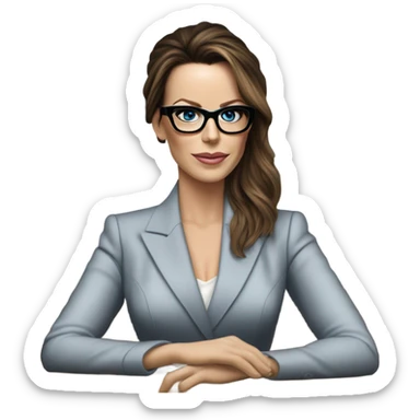 Hyper Realistic photo Kate Beckinsale blue eyes wearing glasses in a business meeting high fashion  sticker