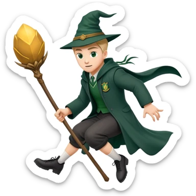 A muscular strong Slytherin student in final year without hat, sitting on a broomstick between his legs, chasing after a golden snitch sticker