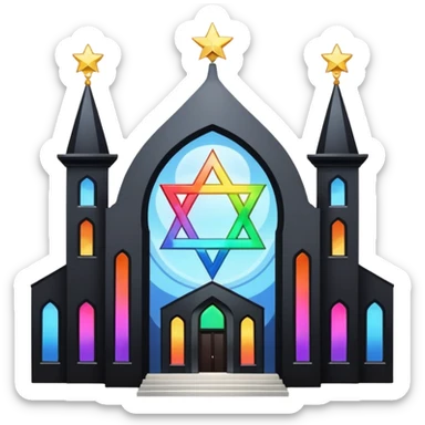 jewish synagogue temple in dark goth aesthetic style with black building and light rainbow tint glass windows and star of david and celestial symbolism sticker