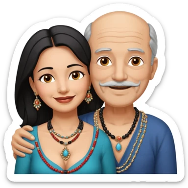I want an old man with balding and grey beard  wearing no jewelery and a woman in her 40s with dark black hair parted in indian woman style wearing a beads chain  with the cleavage of the woman visible in a passionate embrace. The man should have no jewellery, both must be blissfully smiling sticker