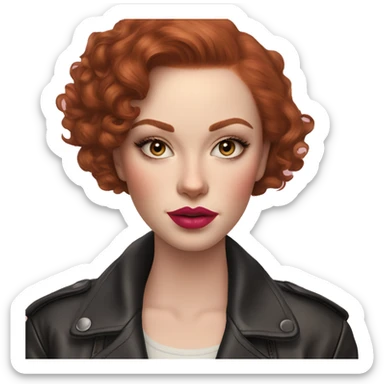 Girl with very pale skin, true red curly short hair with a side part, heavy cat-eye makeup, long eyelashes, bright pink blush and lipstick.  Her eyebrows are dark, arched and very high.  Hazel eyes. Big lips. Thin. Wearing a leather jacket  sticker