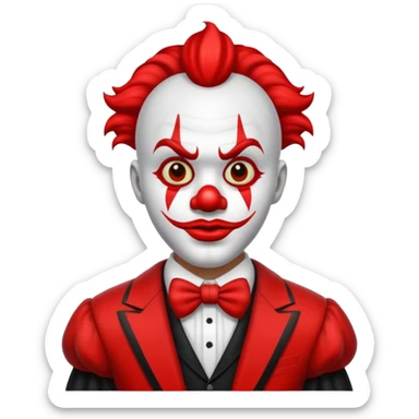 Crea un payaso con cara blanca sin pelo con cuernos negros y un traje rojo con negro sticker