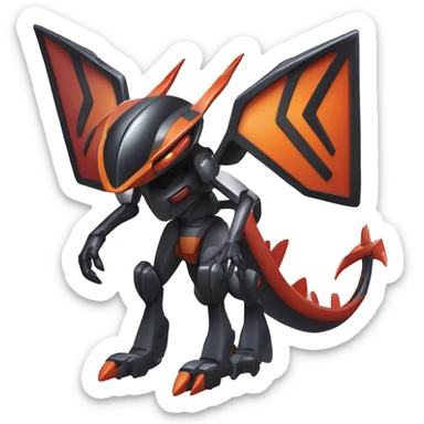 a shiny metallic black-red-orange Genesect-Flygon-Raptor-Fakémon-Medabot-hybrid with a futuristic visor-helmet full body sticker