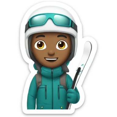 Tan white Boy with wavy brown hair skiing on teal skis. He is wearing a gray coat and black snow pants  sticker