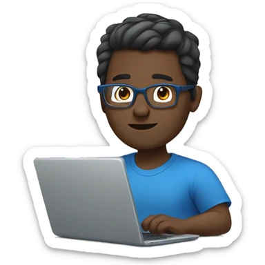 white guy with dark brown hair square glasses typing in laptop wearing blue t-shirt working in call center sticker