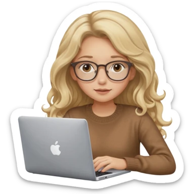 blonde girl with long dark blonde wavy hair, pantos-style glasses, a brown sweater, sitting and looking in laptop, soft pastel, upper body shot sticker
