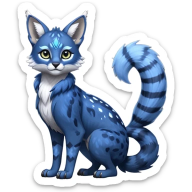 Cute kawaii cool edgy badass  glossy midnight-blue fur with silver starlight dusting fantasy-caracal-civet-genet-sergal-vernid-Gryphon-Cacomistle-Trico-oncilla-animal-Fakémon-hybrid-fursona (full body), facial markings, (realism style) sticker