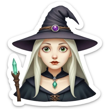 Baba Yaga sorceress woman, classic witch hat, mysterious expression sticker