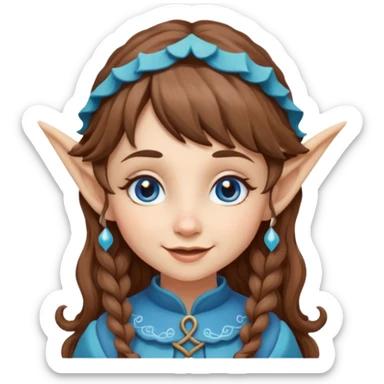Kind happy whimsical quirky Girl toymaker, wood carving elf. Woodland creator. Blue eyes. brown hair (just below chin length) wavy hair & bangs. Whimsical playful cute sticker