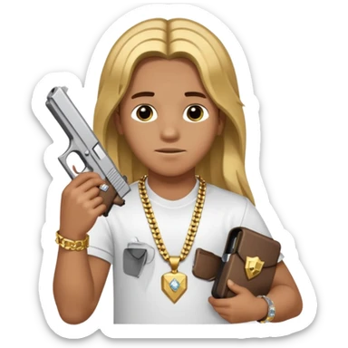 kid with long hair holding a glock, wearing a diamond grill and a 24 karat gold chain sticker