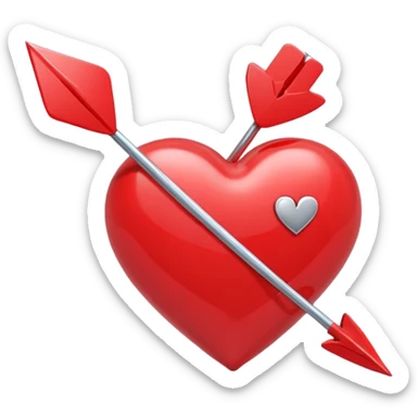 Apple-style 3D illustration of a glossy red heart pierced by a horizontal double-ended arrow. One end of the arrow has a small female symbol, the other end has a small male symbol. The heart is centered, shiny, with soft shadows, floating on a clean white background, minimal and emotional design sticker