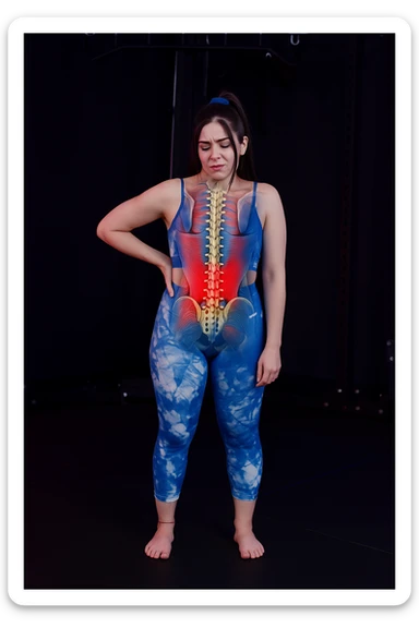 A woman with back pain, add an anatomically highlighted back on the body, variant 2, in a style suitable for editing and anatomical clarity. sticker