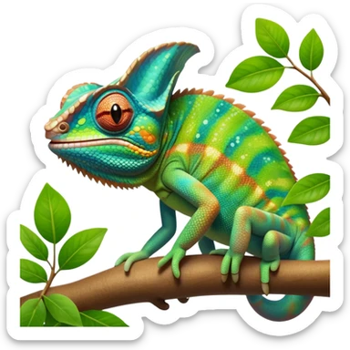 cinematic giant-smiling. chameleon-realistic emoji,-blending-with-vibrant-greenery.-detailed-scales-in-shifting-colors,-showing-the-chameleon’s-ability-to-camouflage.-soft-natural-light-highlights-its-texture.-nature-background, zoomed into its face sticker