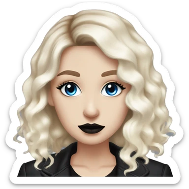 Slavic adult woman, goth eyes makeup, pink lips, blue eyes, medium bob black-to-blonde ombre wavy hair, white T-shirt and black office jacket. sticker