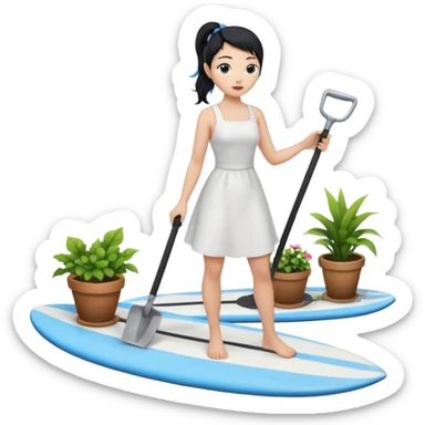 Princess who wearing white dress (woman) black ponytail hair holding her cellphone and  one garden iron shovel with another hand. there is one blue surfing board under her feet. She is looking at her phone. sticker