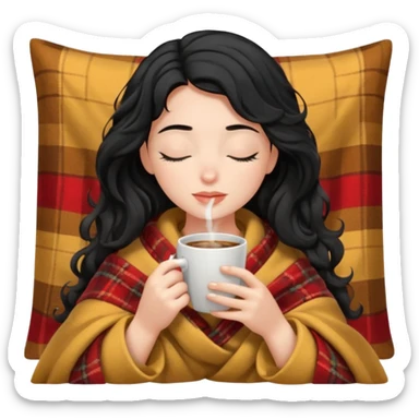 girl black hair wavy inside a blanket sipping coffee eyes closed sticker