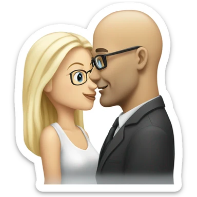 Clean shaven white Bald man wearing glasses kissing a white blonde woman with long hair sticker