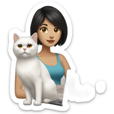 woman with black medium lenght hair and brown eyes with a laptop and a white and orange persian cat sticker