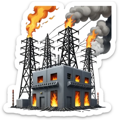 an exploded, destroyed electrical substation with towers sticker
