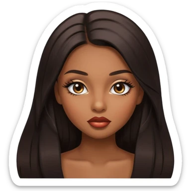 Glamourous, brown skin tone, very beautiful girl, with big plump shiny lips, long long lashes, black straight smooth silky long hair, straight parting  hair, brown eyes sticker