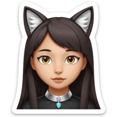 woman with medium skin tone and long straight dark hair, cat ears (no headband), wearing a cute pink or silver collar sticker
