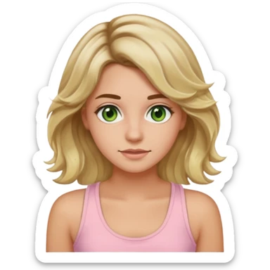 ca you make her hair a 20-year-old girl with long wavy hair brown roots blonde highlights green eyes brown eyebrows good summer tan iPhone emoji style with light pink tank top can you make her hair a little longer please sticker