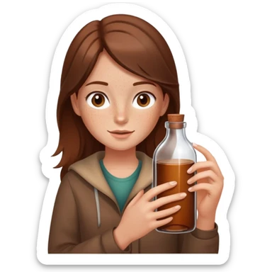 A girl with a very beautiful bottle, the girl is wearing brown clothes, has fair skin, brown hair and freckles sticker