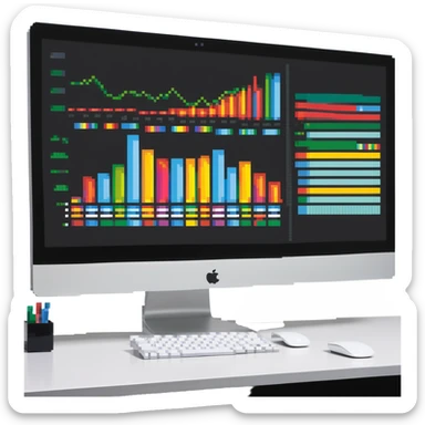 iMac computer with colorful bar charts on the screen sticker
