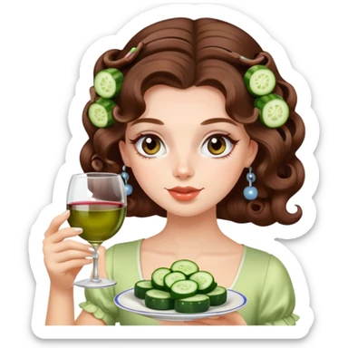 Beautiful girl with long brown hair with curlers in hair and cucumber on eyes, sipping wine from teacup sticker