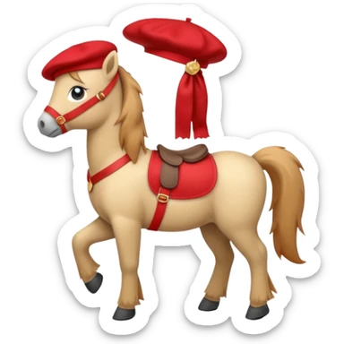 A cute pony (horse) emoji, full body, standing in side view, wearing a stylish red beret. sticker